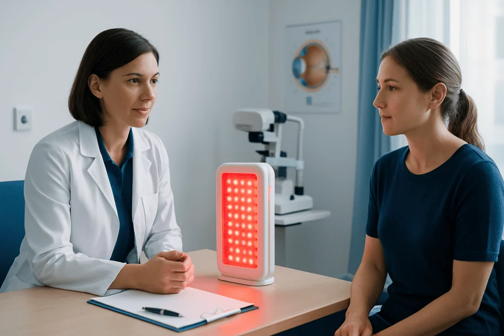 Doctor explains red light therapy device to patient in clinic.