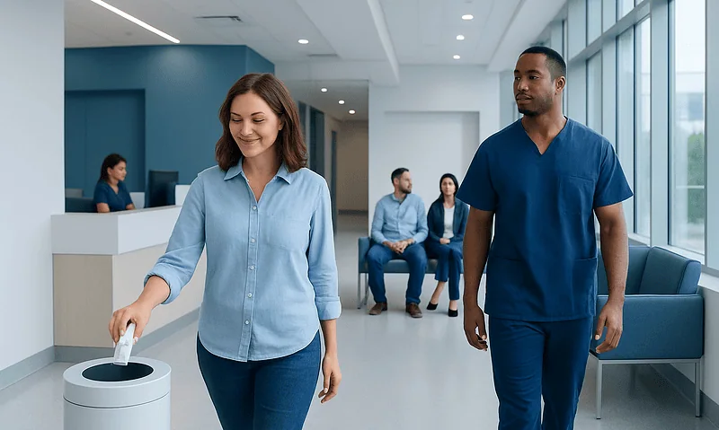 Reduce Sugar Ending to Take Antiacids — Explained by Medical Evidence, Not Myths 8 Patient discarding used tissue in hospital corridor with medical staff nearby.