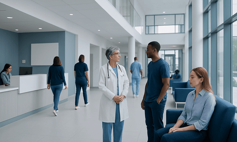 Healthcare professionals and patients in a modern hospital lobby.