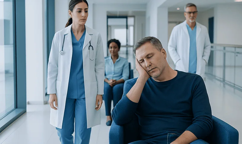 Patient experiencing fatigue in hospital corridor with medical staff nearby.