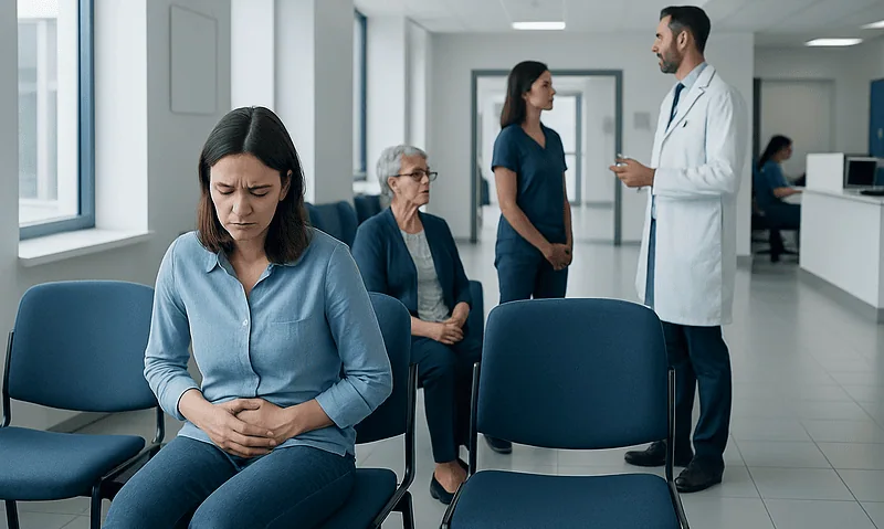 Woman experiencing stomach pain in a hospital waiting area.