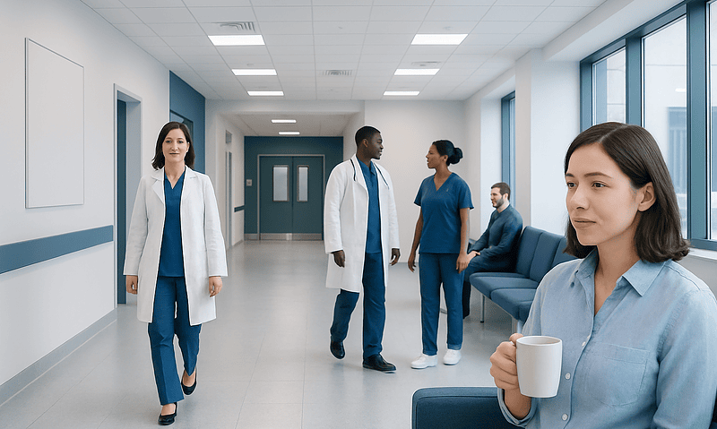 Healthcare professionals and a patient in a modern hospital corridor.