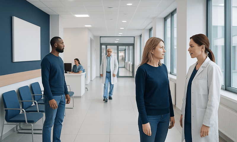 Patients and doctor in hospital corridor at Acibadem Hospitals Group.