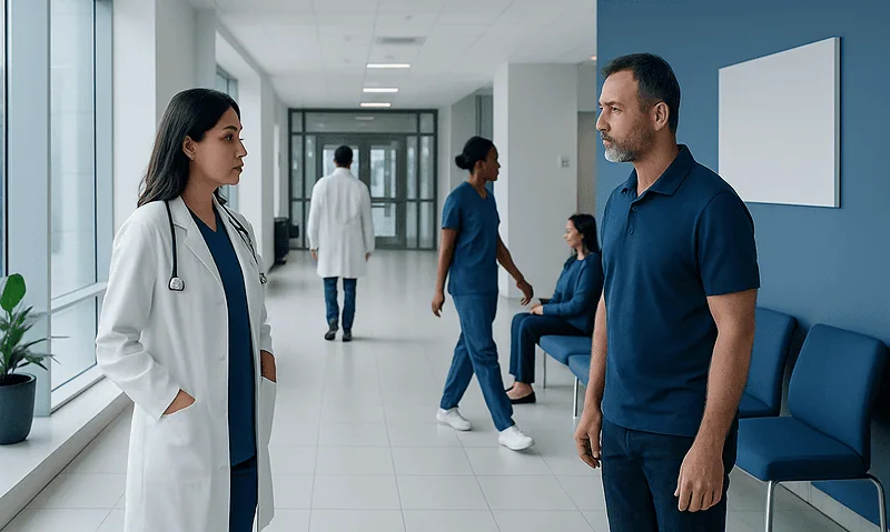Doctor and patient having a conversation in hospital corridor.