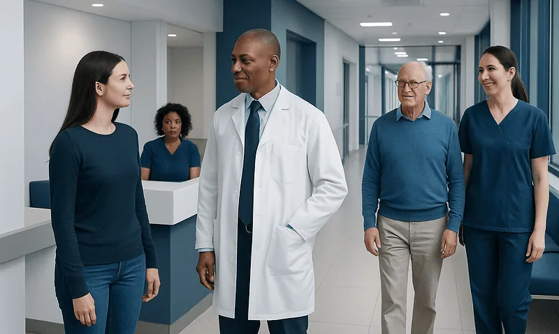 Medical team in hospital corridor discussing patient care.