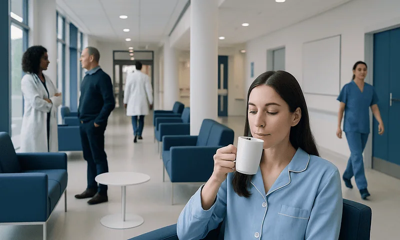 Young woman in hospital pajamas drinking coffee in a hospital corridor.