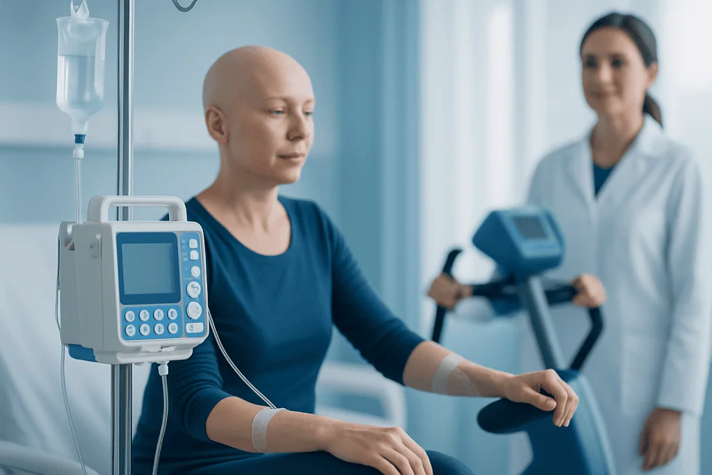 Cancer patient receiving IV therapy in hospital setting.