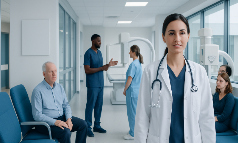 Healthcare professionals and patients in a modern hospital waiting area.
