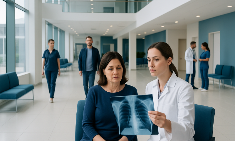 Doctor explaining X-ray results to a patient in a hospital corridor.