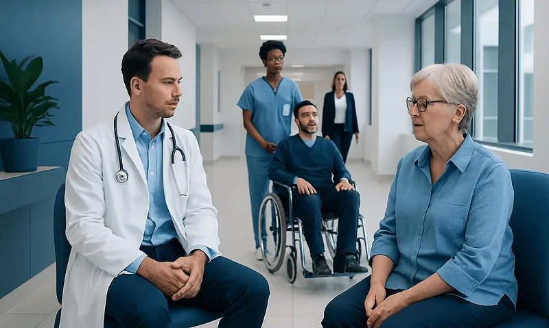 Doctor consulting elderly patient in hospital corridor with staff in background.