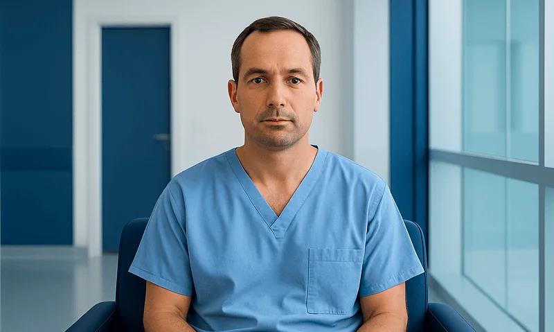 Medical professional in blue scrubs sitting in a modern hospital corridor.