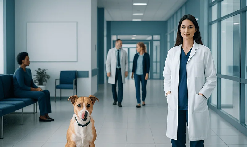 Veterinarian with a dog in a modern veterinary clinic corridor.