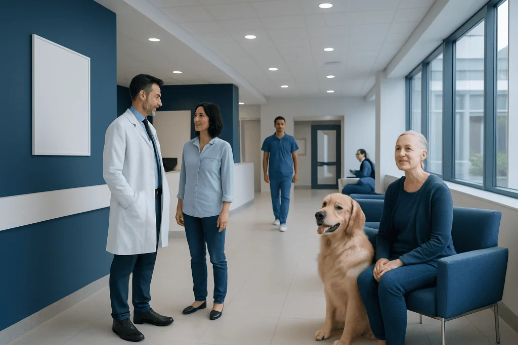 Dogs and Cancer Treatment: How It Works, Results and What to Expect 1 Veterinarian and pet owner talking in a modern veterinary clinic.