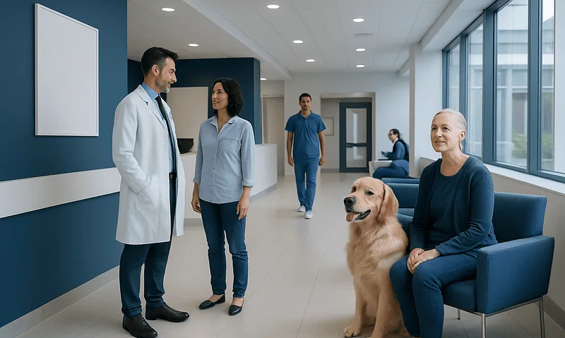 Veterinarian and pet owner talking in a modern veterinary clinic.