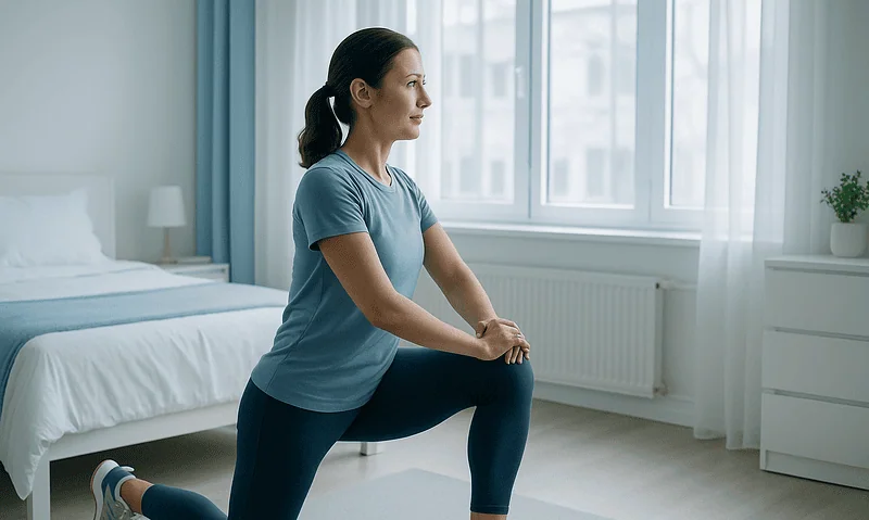 Woman stretching in a bright, modern bedroom during her workout routine.
