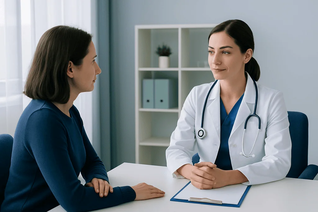 Doctor consulting with patient in a medical office setting.