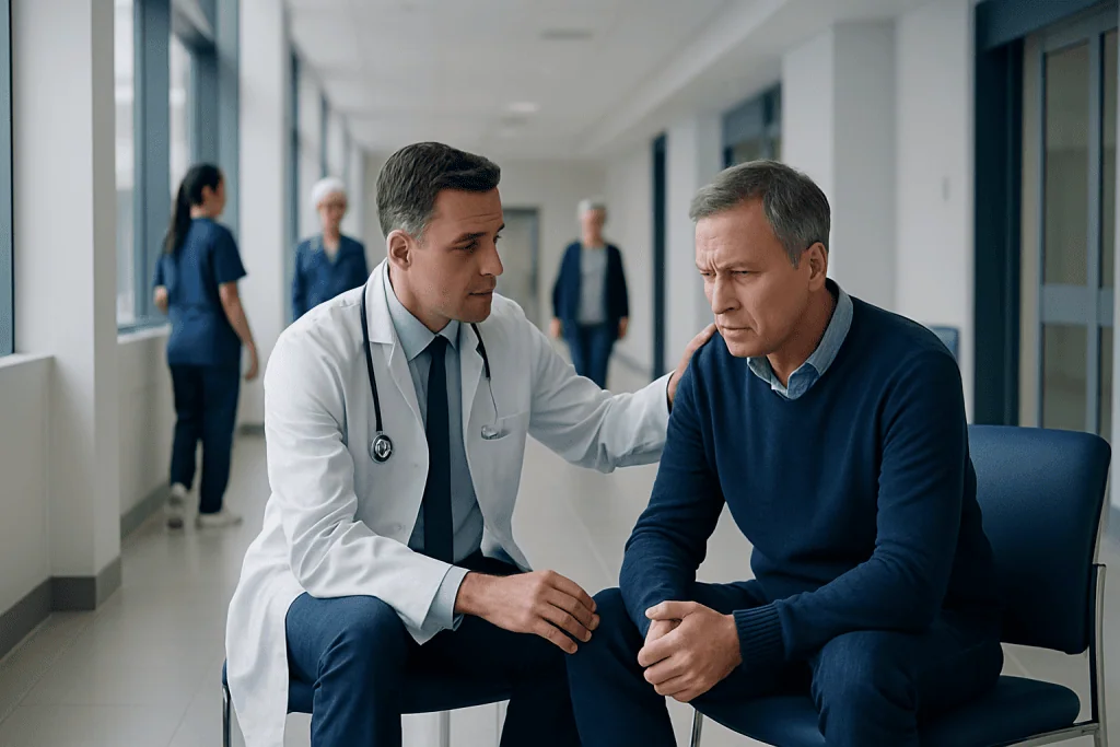 Don'T Get a Prostate Biopsy: Procedure, Recovery and Results 1 Doctor consulting with a male patient in a hospital corridor.