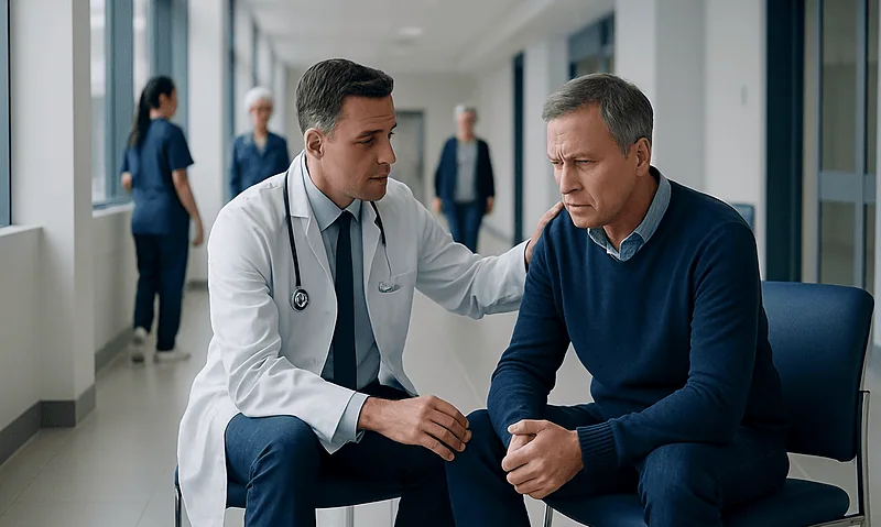 Doctor consulting with a male patient in a hospital corridor.