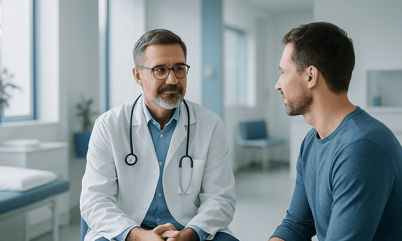 Doctor consulting with a young male patient in a modern clinic setting.