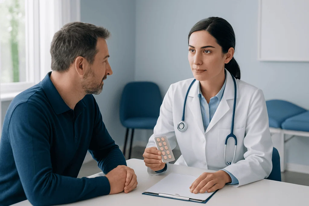 Doctor consulting male patient in a modern clinic setting.