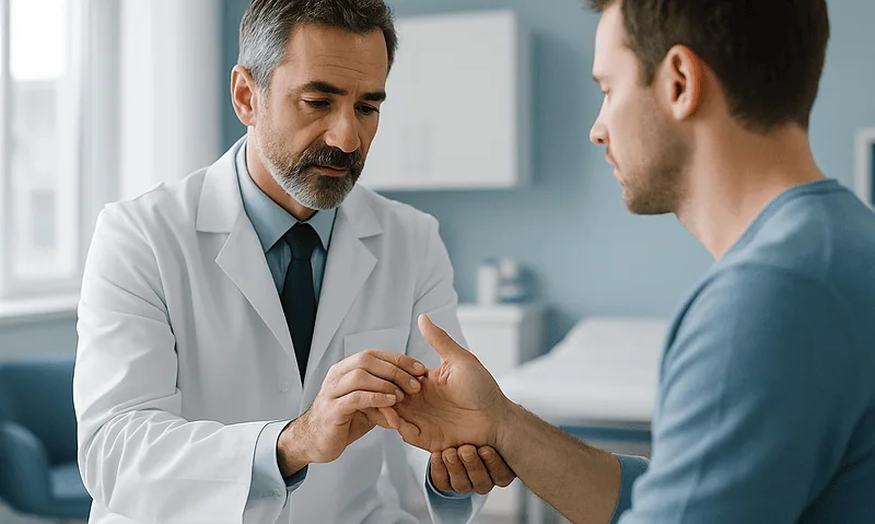 Doctor examining patient's hand for hypermobility assessment.