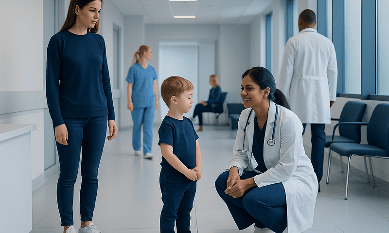 Child consulting with pediatric doctor in hospital corridor.