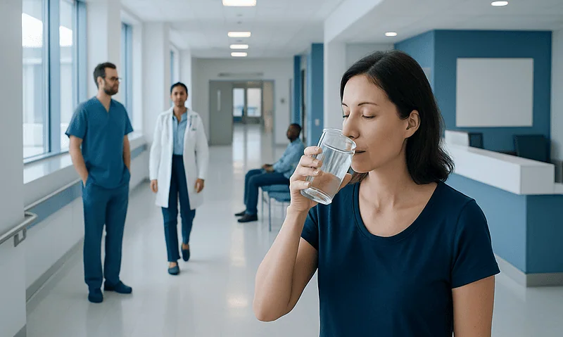 Woman drinking water in hospital corridor with medical staff in background.