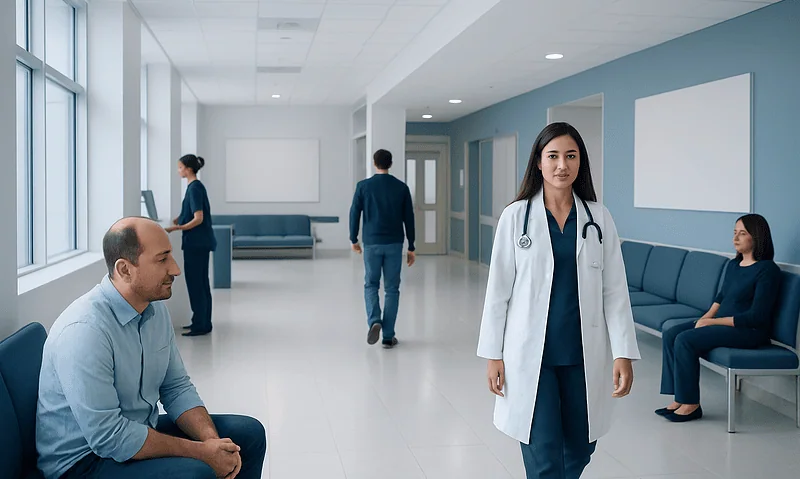Healthcare professionals and patients in a modern hospital corridor.