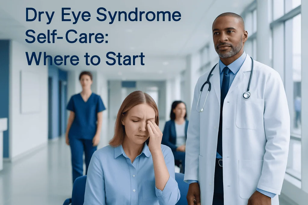 Understanding Dry Eye Syndrome Self-care: A Complete Patient Guide 1 Patient experiencing dry eye symptoms with healthcare professionals nearby.