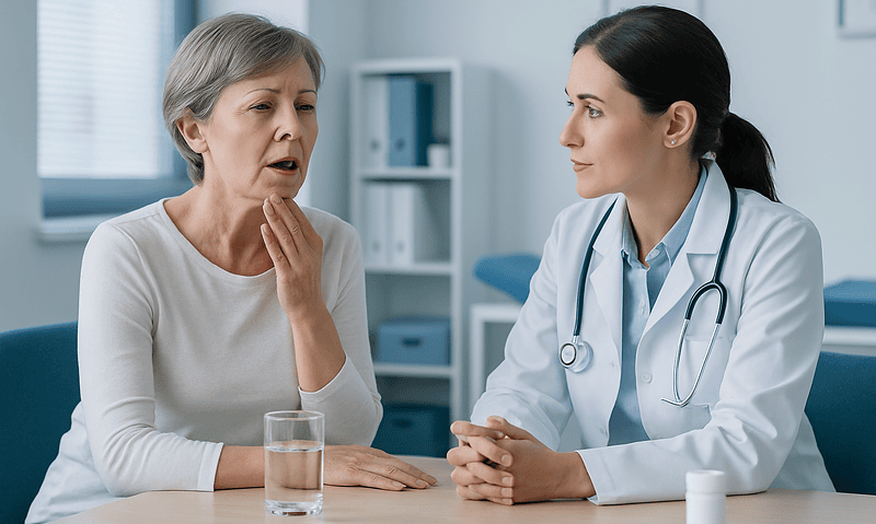 Doctor consulting with an elderly woman about health concerns in a medical office.
