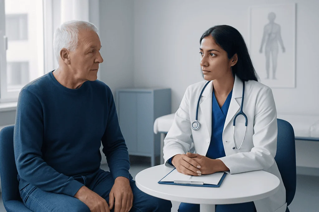 Doctor consulting with an elderly male patient in a medical office.