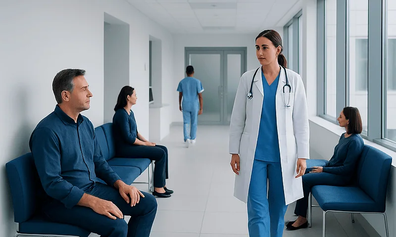 Doctor walking in hospital corridor with patients waiting.
