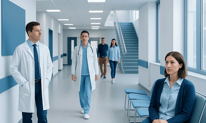 Medical professionals in hospital corridor with patient seating area.