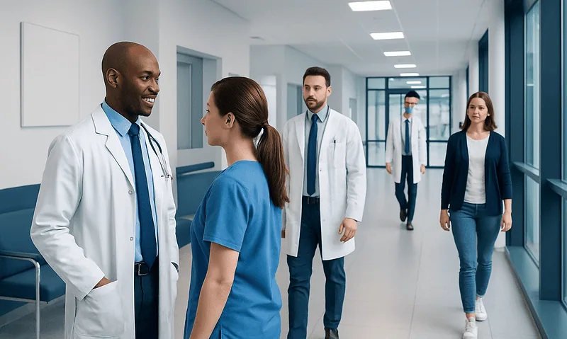 Medical team in hospital corridor engaging in conversation.