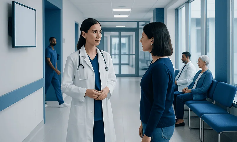 Doctor talking to patient in hospital corridor at Acibadem Hospitals Group.