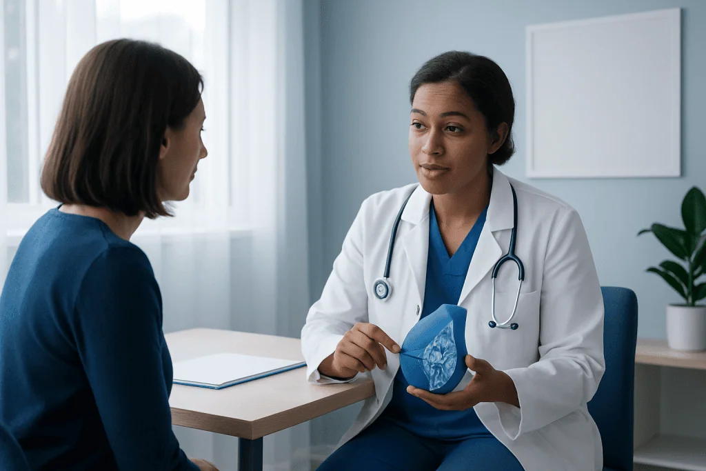 Doctor explaining breast health to patient in a consultation room.