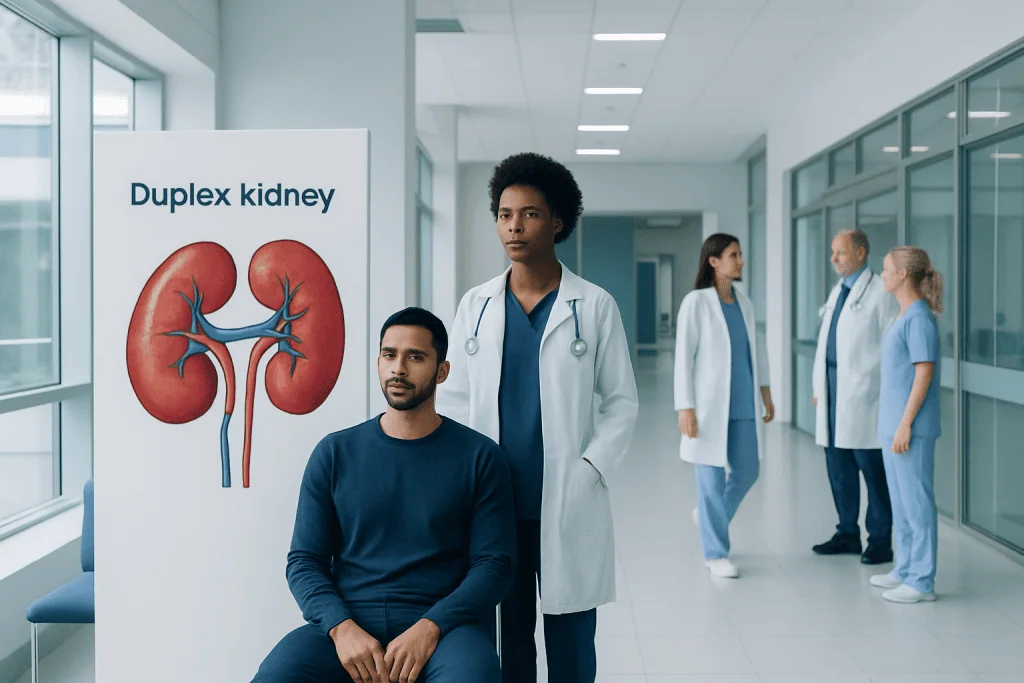 Duplex Kidney: A Complete Medical Overview 1 Medical professionals discussing duplex kidney in hospital corridor.