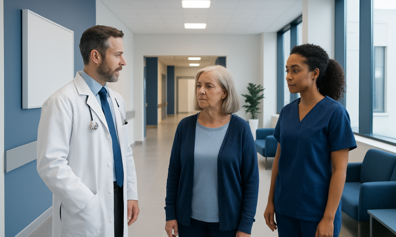 Doctor consulting with elderly patient and nurse in hospital corridor.