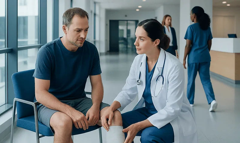 Doctor consulting with patient in hospital corridor.