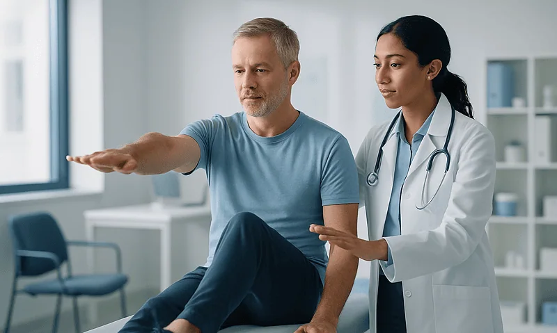 Doctor demonstrating stretching exercise to patient in clinic setting.