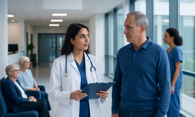 Doctor consulting with a patient in a hospital corridor.