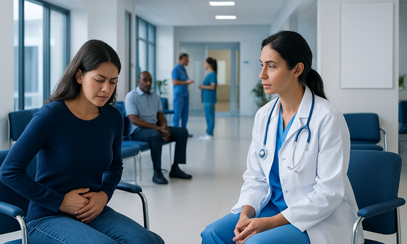 Doctor consulting a patient in a hospital corridor.