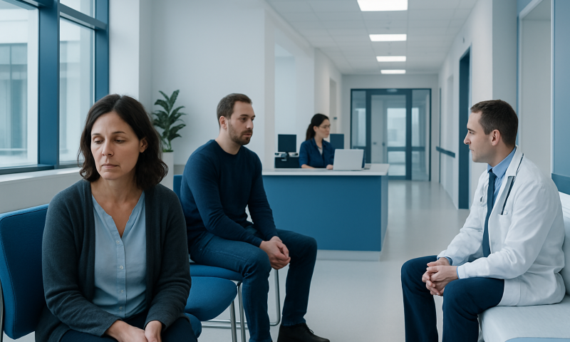Doctor consulting with patients in a hospital corridor.