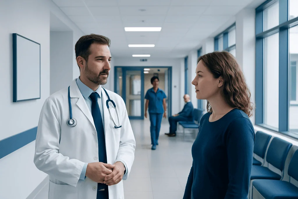 Dystonia Treatment: How It Works, Results and What to Expect 1 Doctor consulting a patient in a hospital corridor.