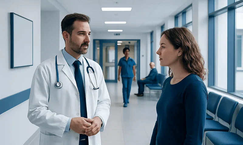Dystonia Treatment: How It Works, Results and What to Expect 4 Doctor consulting a patient in a hospital corridor.