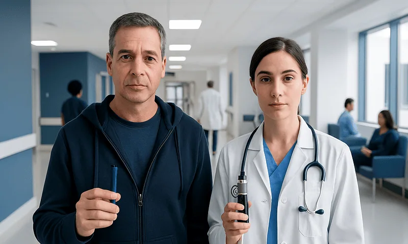 Doctor and patient in hospital corridor holding devices for health monitoring.