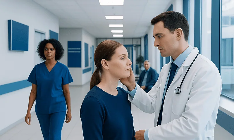 Doctor examining a young woman in a hospital corridor with nurse in background.