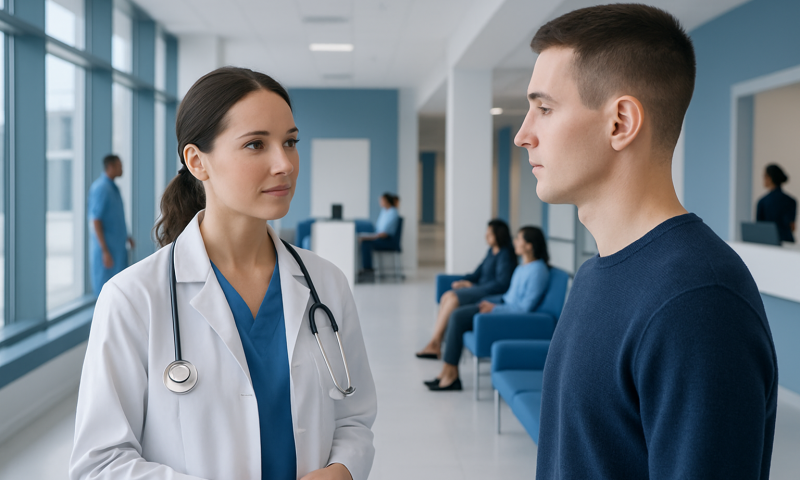 Doctor consulting patient in hospital corridor with waiting area.