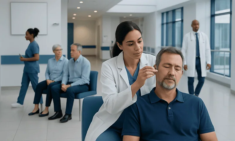 Doctor examining a patient's ear in a modern hospital setting.