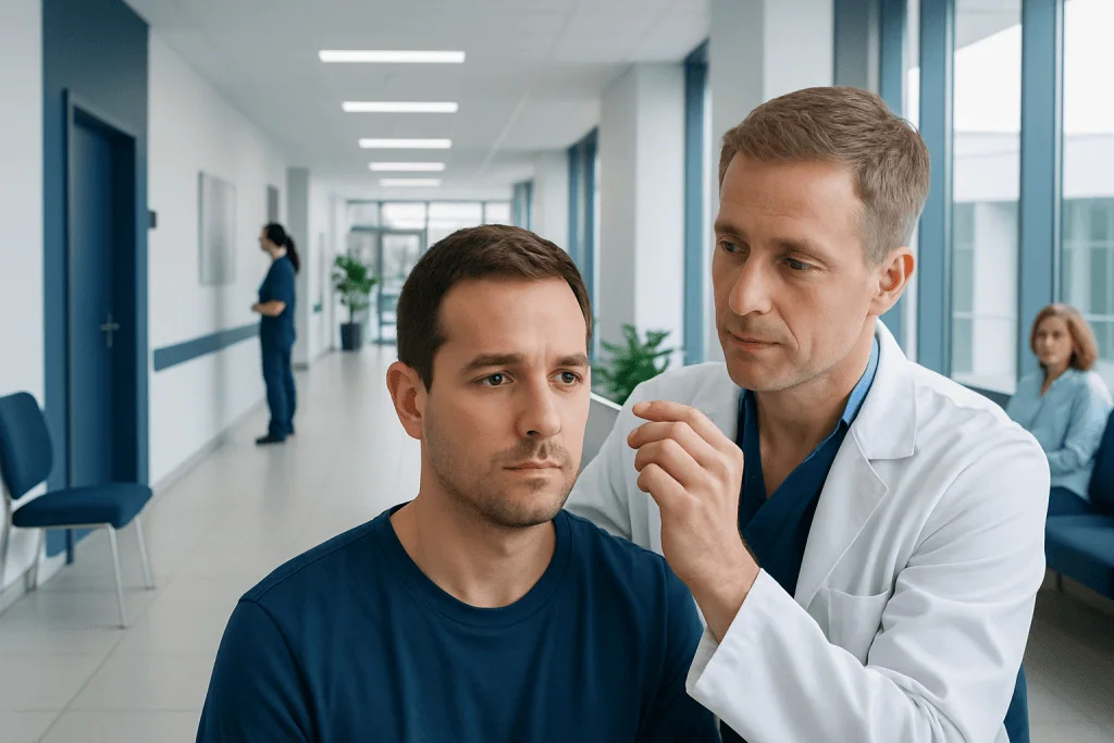 Eardrum Q Tip — Explained by Medical Evidence, Not Myths 1 Doctor examines patient's ear in a hospital corridor.